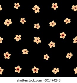 Vector beautiful ditsy flowers in beige and red colors on a black backdrop. Flowering plant evolving from buds to blossom. Vector illustration. Seamless pattern for decor and textile.