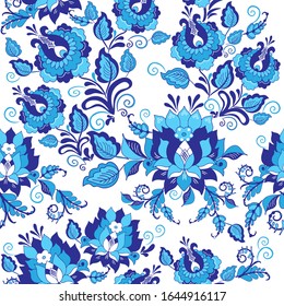 Vector beautiful drawing. Blue flowers on a white background. Exquisite swirl decor for wallpapers and tiles.