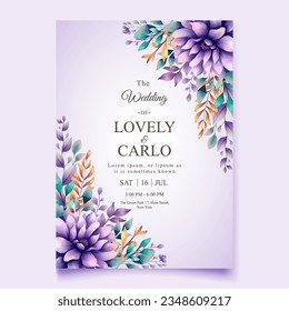 Vector beautiful and elegant wedding invitation watercolor purple floral