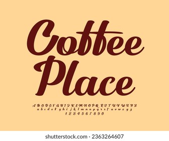 Vector beautiful Emblem Coffee Place. Cursive brown Font. Trendy Alphabet Letters, Numbers and Symbols.