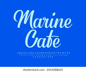 Vector beautiful Emblem Marine Cafe. Stylish Cursive Font. Trendy artistic Alphabet Letters and Numbers.