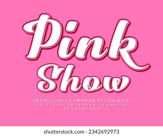 Vektorschöne Emblem-Rosa-Show. Stilvolle handgeschriebene Schriftart. Alphabet Buchstaben und Zahlen im Retro-Stil.