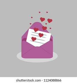 
vector beautiful envelope of pink color with a letter of love letter with hearts on a Valentine's day holiday on a gray background
