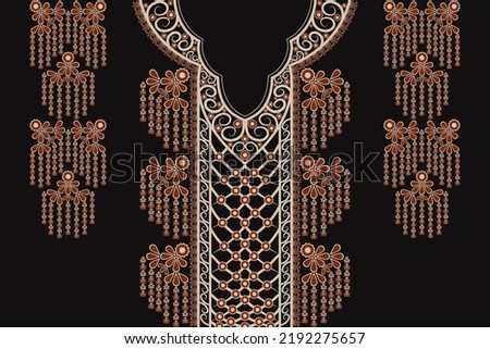 Vector beautiful ethnic neckline red color floral pattern on black background. Tribal art shirts fashion.