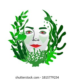 Vector beautiful face with green leaves on white background