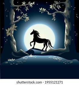 Vector beautiful fairy tale illustration with horse on the background of the moon in the night forest.