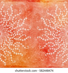 Vector beautiful fantasy pattern with circle ornament, made of doodle branches and leaves. Pink background with old scratched texture and spots.