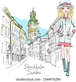 Vector beautiful fashion girl in autumn clothes, hat and boots, jacket and skirt in Gamla Stan, Old Town of Stockholm, the capital of Sweden