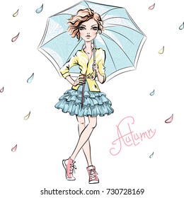 Vector beautiful fashion girl in autumn clothes, sneakers, jacket and skirt with umbrella