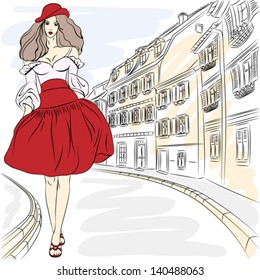 Vector Beautiful fashion girl top model in summer dress on a city street