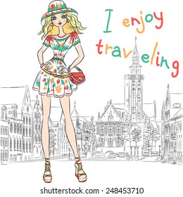 Vector Beautiful fashion girl top model in summer dress and hat with bag on a medieval city street