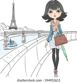 Vector Beautiful fashion girl walking on the waterfront overlooking the Eiffel Tower in Paris