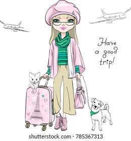Vector beautiful fashion girl in winter clothes with suitcases, cute dog and cat travel the world on airplanes