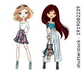 Vector beautiful fashion girls in summer clothes