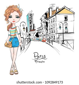 Vector beautiful fashion hipster girl in summer clothes, t-shirt and skirt with bag on Paris street, France