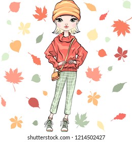 Vector beautiful fashion hipster girl top model in autumn clothes with bag, hat and sneakers, warm sweater and jeans