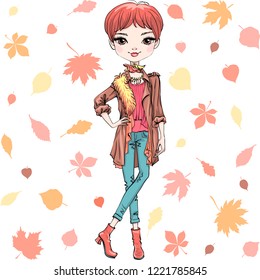 Vector beautiful fashion hipster girl top model in autumn clothes, headscarf and boots, jacket and jeans