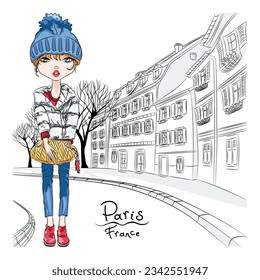 Vector beautiful fashion hipster girl in winter clothes, sneakers, jacket and hat with bag on Paris street, France