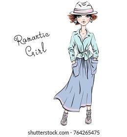 Vector beautiful fashion hipster girl top model in autumn clothes, hat and boots, jacket and skirt