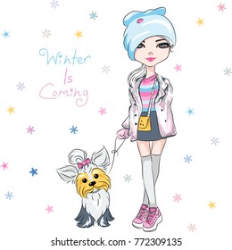 Vector beautiful fashion hipster girl in winter clothes, sneakers, jacket and skirt with cute dog Yorkshire terrier