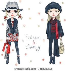 Vector beautiful fashion hipster girls in winter clothes, sneakers, jacket and hat with bag