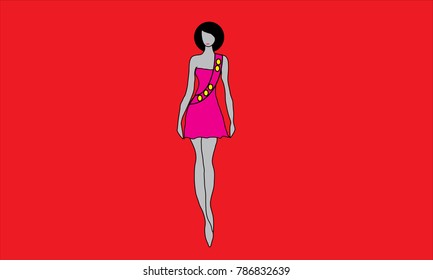 Vector beautiful fashion young woman rose color dress on  red background