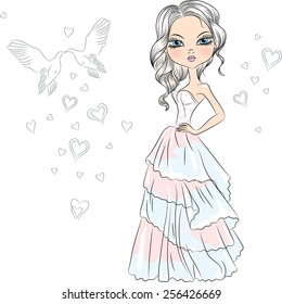 Vector Beautiful fashionable girl bride in her wedding dress