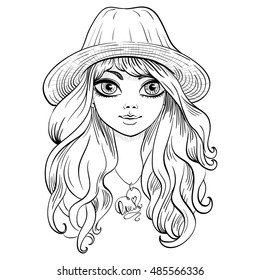 Vector beautiful fashionable girl in hat with long curly hair