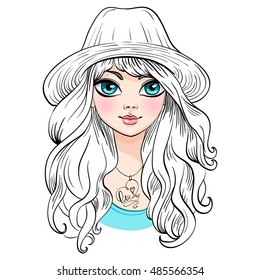 Vector beautiful fashionable girl in hat with long curly hair