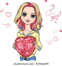 Vector beautiful fashionable girl holding a balloon in the shape of heart and smiling