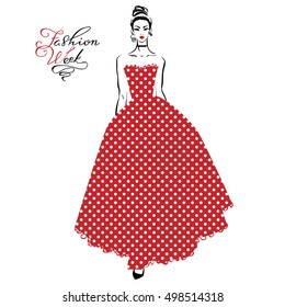 Vector beautiful fashionable girl in a long red dress with pattern polka dots and inscription Fashion Week