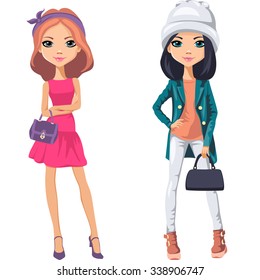 Vector beautiful fashionable girls with bags - in jacket, hat, boots and jeans and summer dress 