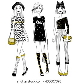 Vector Beautiful Fashionable Girls. Cute Girlfriends Set. Fashion Models. Young Women. Stylish Sketch Illustration. Cartoon Teens. Hand Drawn Girls In Spring-summer Outfits.