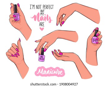 Vector Las bellas manos femeninas sostienen la botella de esmalte de uñas. Ilustraciones de manicura aisladas en blanco. Uñas rosas. Diseño para salón de belleza, impresión, tarjeta decorativa.