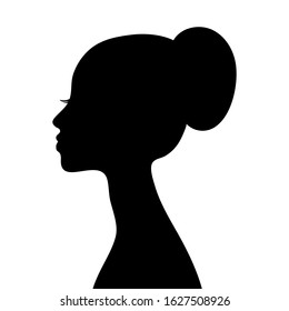 Vector Beautiful Female Profile With Waving Hair. Woman Head Silhouette Black And White Beauty Concept Illustration.