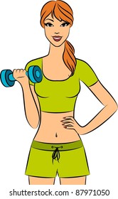 Vector beautiful fitness woman with free weights in gym