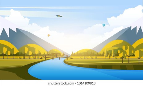 Vector Beautiful Flat Illustration Style Landscape in Spring/Summer. River Mountains and Trees.