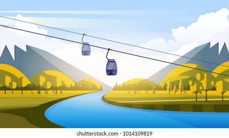 Vector Beautiful Flat Illustration Style Landscape in Spring/Summer. River Mountains and Trees with Cable Car.