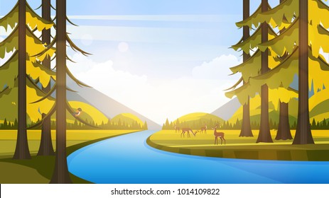 Vector Beautiful Flat Illustration Style Landscape in Spring/Summer. River Mountains and Trees.