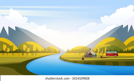 Vector Beautiful Flat Illustration Style Landscape in Spring/Summer. River Mountains and Trees.