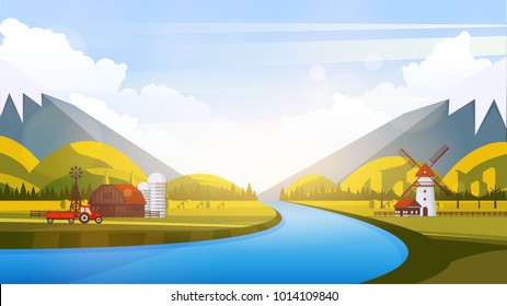 Vector Beautiful Flat Illustration Style Landscape in Spring/Summer. River Mountains and Trees.