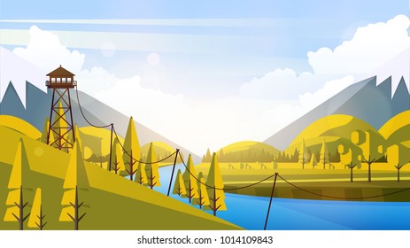 Vector Beautiful Flat Illustration Style Landscape in Spring/Summer. River Mountains and Trees.