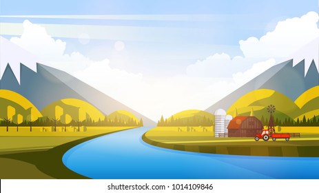 Vector Beautiful Flat Illustration Style Landscape in Spring/Summer. River Mountains and Trees.