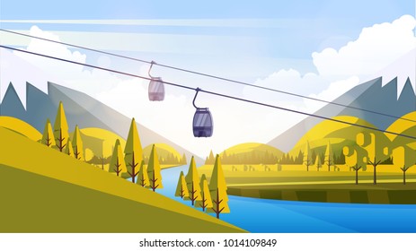 Vector Beautiful Flat Illustration Style Landscape in Spring/Summer. River Mountains and Trees with Cable Car.