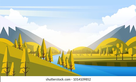 Vector Beautiful Flat Illustration Style Landscape in Spring/Summer. River Mountains and Trees.