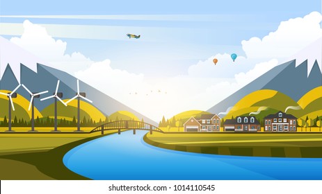 Vector Beautiful Flat Illustration Style Landscape in Spring/Summer. River Mountains and Trees.