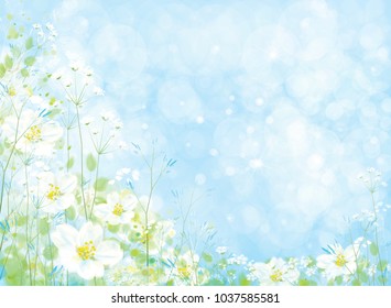 Vector hermoso fondo floral, flores blancas y plantas verdes sobre fondo azul bokeh.