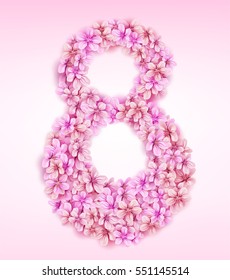 Vector beautiful floral pink sakura number eight 8 march card spring holiday womans day