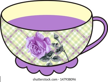 Vector beautiful floral rose cup of tea (time for tea). Shabby chic. 