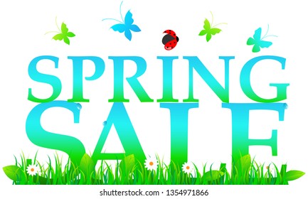 Vector beautiful floral spring sale illustration with grass, butterflies and ladybug